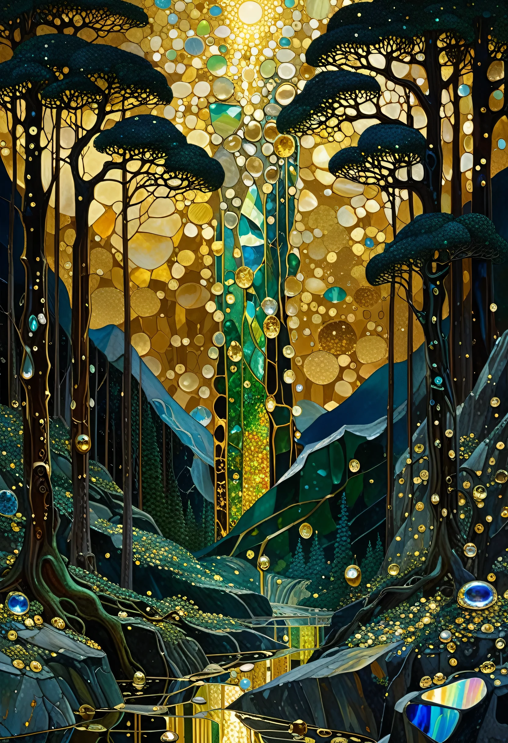 liquid chrome, liquid gold wet on wet, ultra highly detailed, cinematic, Mountain forest, Broken Glass effect, energy, molecular, textures, iridescent and luminescent scales, breathtaking beauty, pure perfection, divine, John Gilbert, by Gustav Klimt, by Bill Watterson