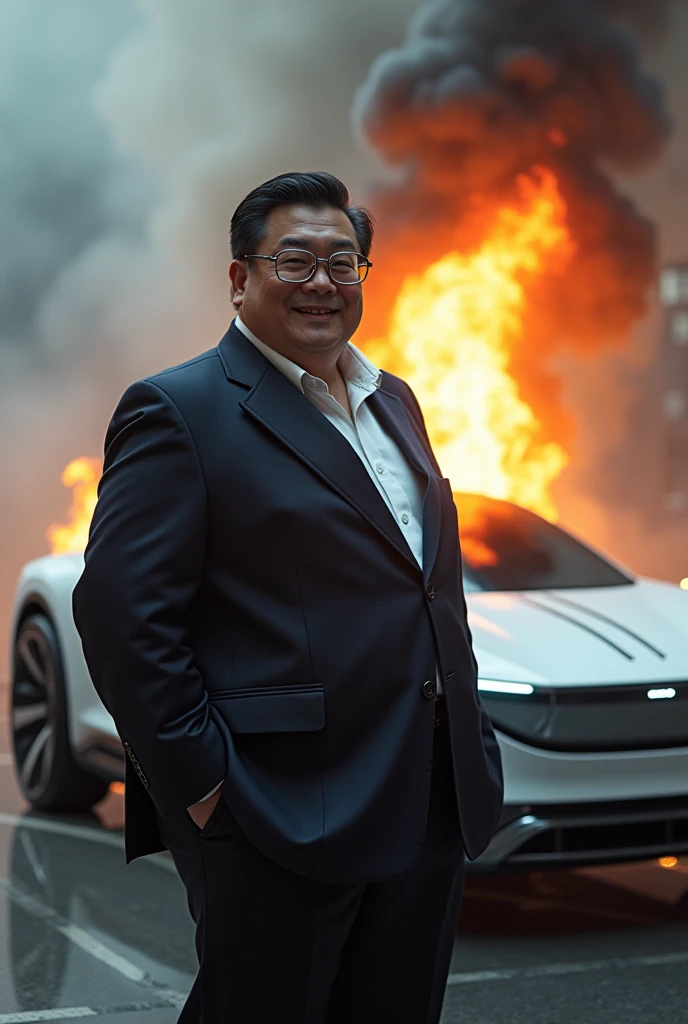 A cool, state-of-the-art white EV, plugged in and charging, smoke rising from the EV, seems to be on fire, a man leans back in front of it with his hands on his hips and smiling proudly, the man is wearing a suit, a plump middle-aged Asian man with short black hair and silver-rimmed glasses, the words "The future is ours" are floating above the man, high-definition realism, professional lighting, surrealism, a scene that makes fun of sarcasm, 3D animation, comedy scene, funny, animation