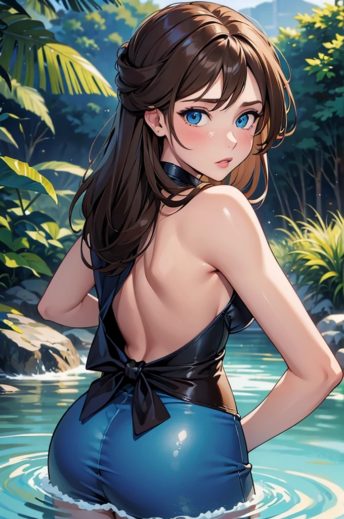 ((masterpiece, best quality)), absurdres, perfect, solo, brown hair, blue eyes, 1girl, blue eyes, brown hair, solo, big booty thread, tight