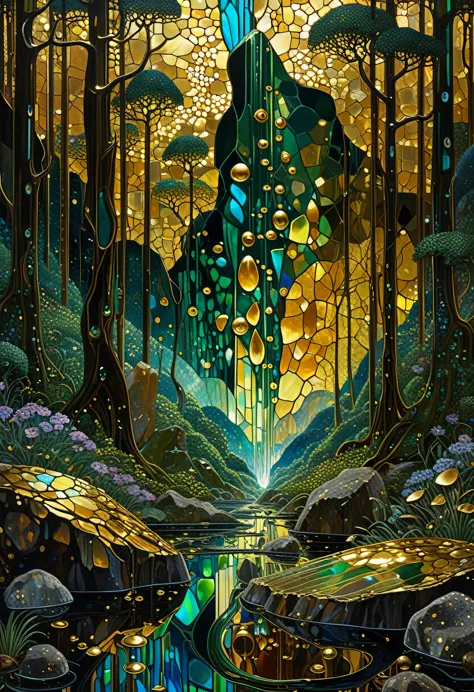 liquid chrome, liquid gold wet on wet, ultra highly detailed, cinematic, mountain forest, broken glass effect, energy, molecular...