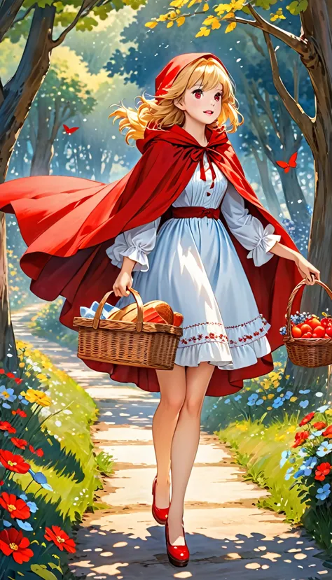 little red riding hood in fairy tale，red eyes，blond hair，wearing a red short cloak，wearing a cape，the cloak fluttered greatly in...