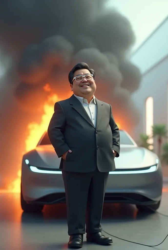 A cool, state-of-the-art white EV, plugged in and charging, smoke rising from the EV, seems to be on fire, a man leans back in front of it with his hands on his hips and smiling proudly, the man is wearing a suit, a plump middle-aged Asian man with short black hair and silver-rimmed glasses, the words "The future is ours" are floating above the man, high-definition realism, professional lighting, surrealism, a scene that makes fun of sarcasm, 3D animation, comedy scene, funny, animation