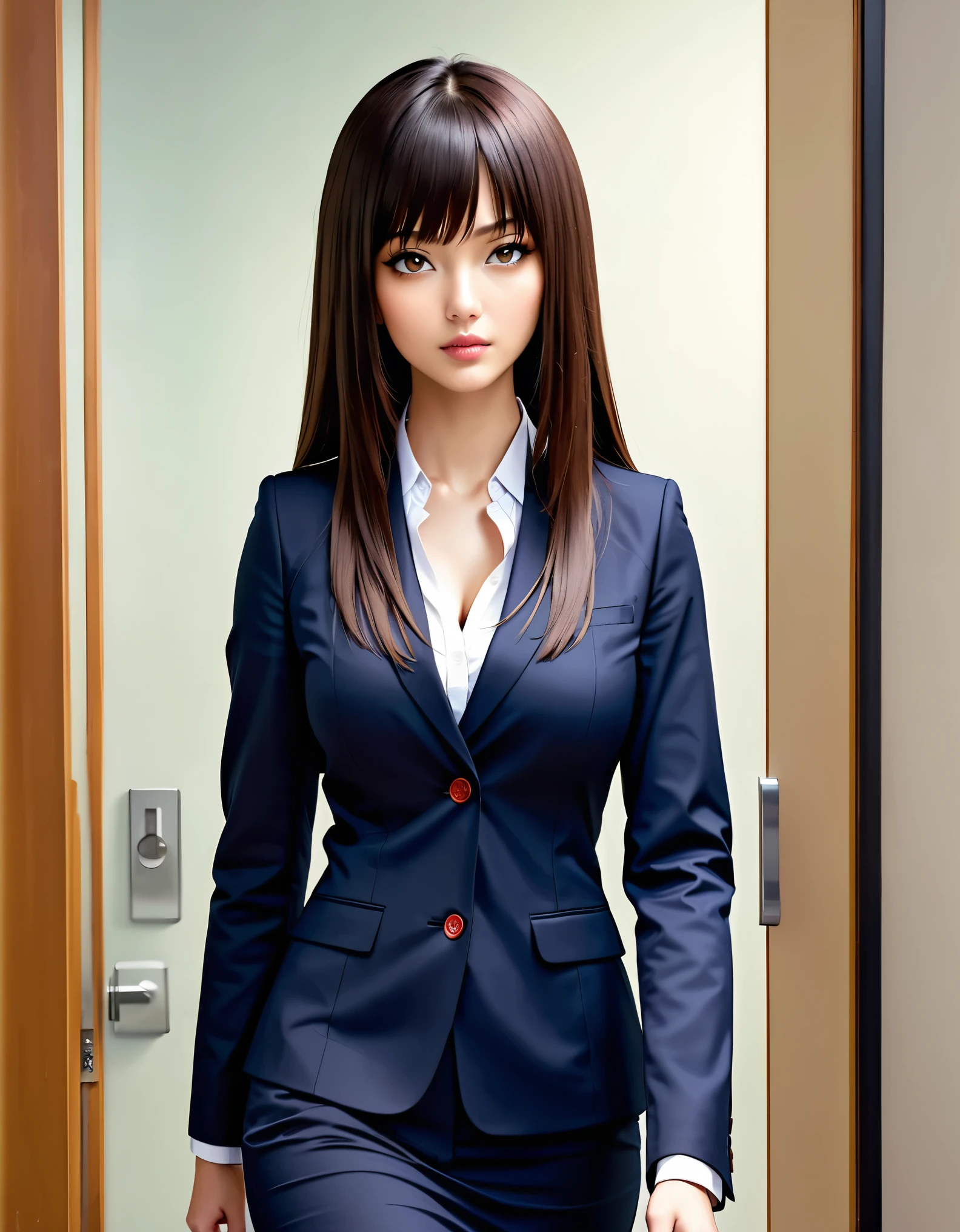 ((RAW photo), absurd, (absurdresolution)), close-up photo of very attractive, beautiful girl, ((seductive look, sharp pupil, detailed, realistic)), Japanese fit girl, office girl, fine fabric clothes, (Perfect girl with straight hair), (sexy look), ((walking between desks turning to look at viewer)), (background: white walls, office door), (American shot). «SunPuma S»