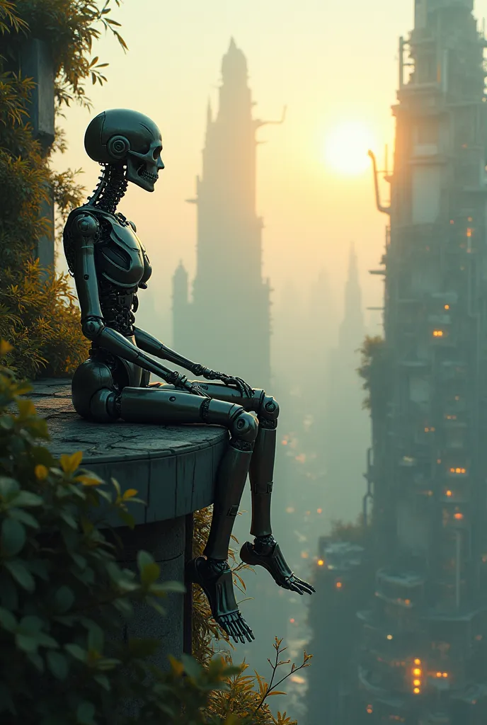 A hyper-realistic, cinematic Biopunk-themed robot with a human skeletal head sits on the edge of a building, gazing at the sun. The robot is a fusion of organic and mechanical parts, reflecting the Biopunk aesthetic. In the background, a vibrant, lush city with greenery intertwined with futuristic, organic-mechanical structures contrasts with the dystopian elements. The sunlight casts soft, atmospheric lighting, enhancing the robot and the vibrant cityscape, with dynamic shadows and dramatic contrasts. The entire scene has a film-like quality, evoking a balance between nature and technology in a futuristic world.8k quality