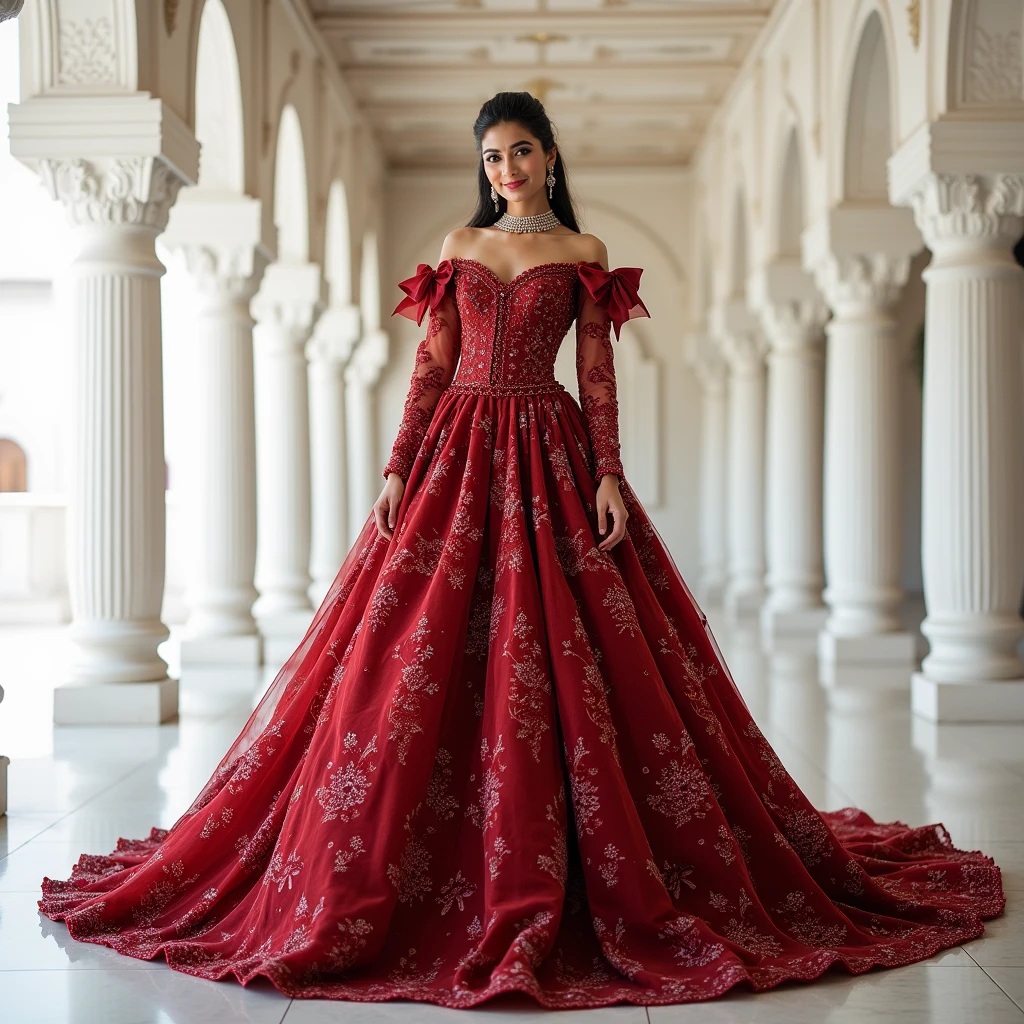 Create an image of beautiful  indian bride  in beautiful burn red color shimmering western style shoulder cut ball gown with black embroidery work, long sleeves, off-the-shoulder cut, lace, and beads,Floral and lacy, like a perfect and magical fairytale,Cute and playful long straps turn into a cheeky set of bows around the shoulders of bride,  wearing high heels bridal shoe, bridal style hair, smiling,standing in a beautiful white marriage hall