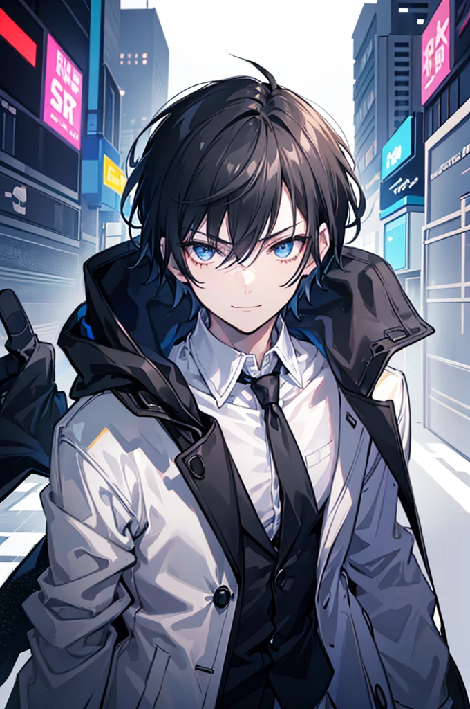 Face_through_torso, 1man, cyberpunk, short_hair(black_hair, hair_between_eyes), sharp_blue_eyes, confident_smile, wearing black hoodie as innerwear, wearing clearly white trench coat, one_hand_in_coat_pocket, mature_male_body_proportions(20s)