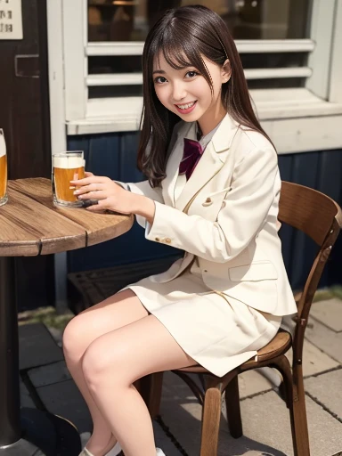 Japanese female, (underweight), (medium bust best quality:1.0), 30 years old, (cheerful grin:1.3), (beer garden), food photo, sitting, semi long, (cream business suit, cream skirt,), (holding a beer mug filled with beer), Japanese, (Fun Scene), with a chair, with a table, full body shot, ground-level shot,