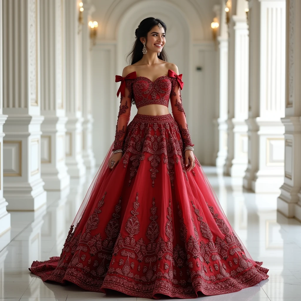 Create an image of beautiful  indian bride  in beautiful burn red color shimmering western style shoulder cut ball gown with black embroidery work, long sleeves, off-the-shoulder cut, lace, and beads,Floral and lacy, like a perfect and magical fairytale,Cute and playful long straps turn into a cheeky set of bows around the shoulders of bride,  wearing high heels bridal shoe, bridal style hair, smiling,standing in a beautiful white marriage hall