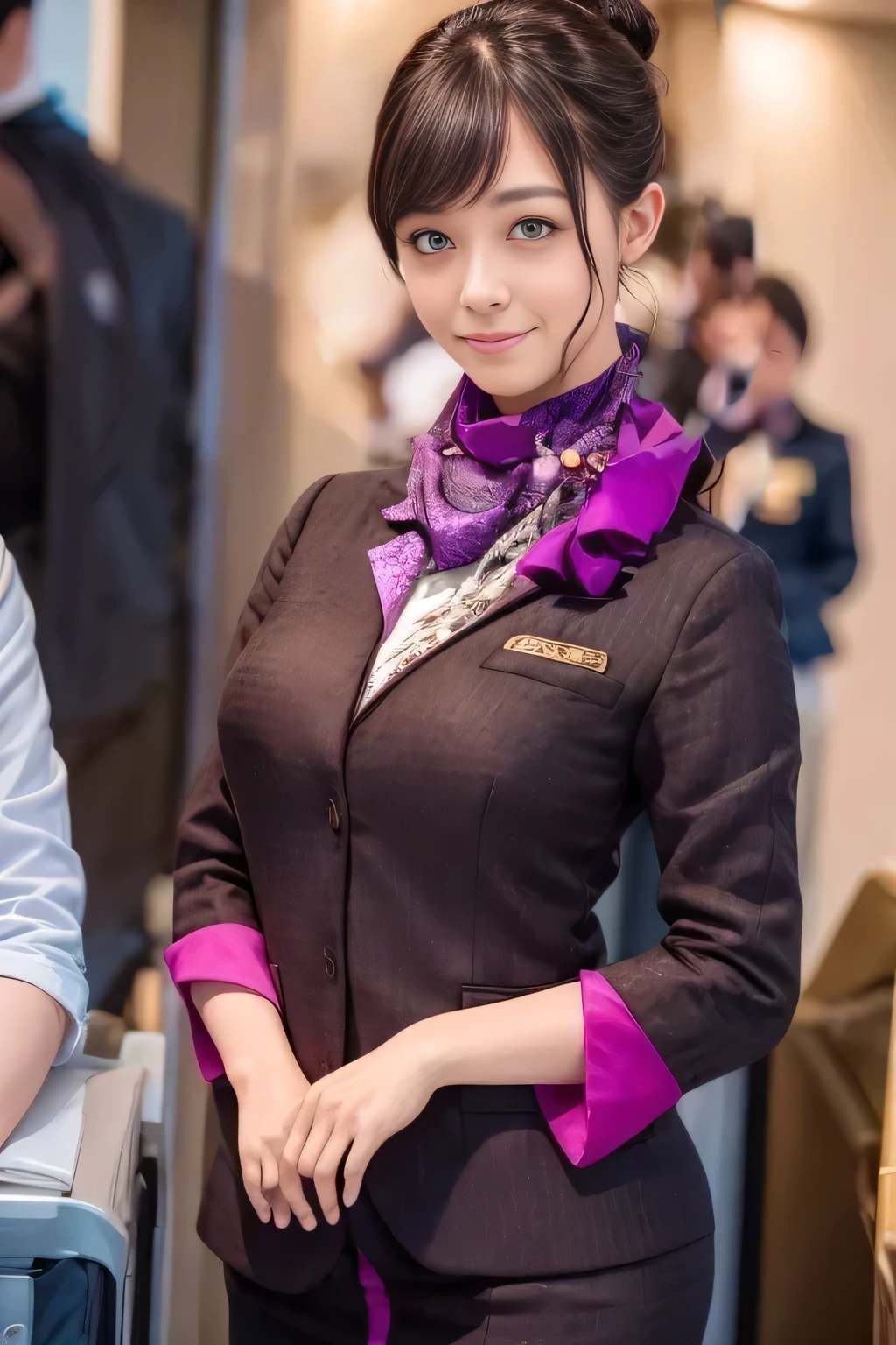 (masterpiece:1.2、Highest quality:1.2)、32k HDR、High resolution、(alone、1 girl、Slim figure)、（Realistic reproduction of Etihad Airways flight attendant uniforms）、 (At the airport counter, Professional Lighting)、A proper woman, Beautiful Face,、（Etihad Airways flight attendant long sleeve uniform）、（Etihad Airways flight attendant uniforms、Skirt with purple stripes on the front）、（a scarf around the neck）、Big Breasts、（Long Hair、Hair Bun）、Dark brown hair、Long Shot、（（Great hands：2.0））、（（Harmonious body proportions：1.5））、（（Normal limbs：2.0））、（（normal finger：2.0））、（（Delicate eyes：2.0））、（（Normal eyes：2.0））)、Beautiful standing posture、smile
