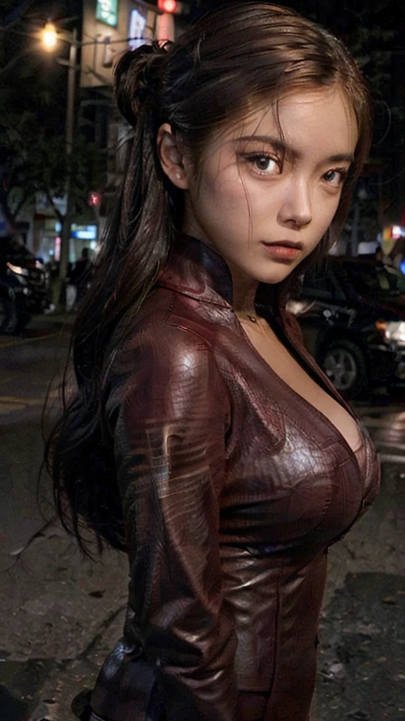 best quality, Practical, Front view, KristannaTX On the city streets, at night, dark, (Korean female supermodel), (Burgundy leather jacket:1.0), cleveage, Large Breasts, Serious face, (Long hair), (dark hair) (Straight Hair:1.1), Perfect face, Perfect eyes, (Deep Focus), (Clear lighting), (Soft lighting:1.0)