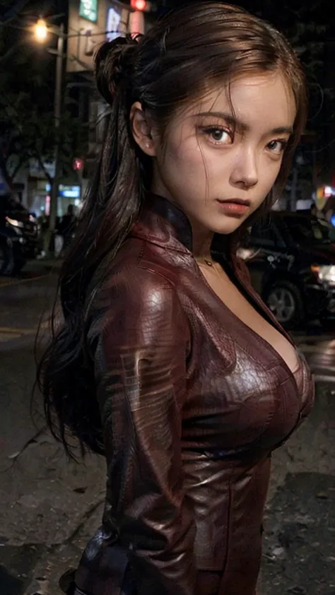 best quality, practical, front view, kristannatx on the city streets, at night, dark, (korean female supermodel), (burgundy leat...