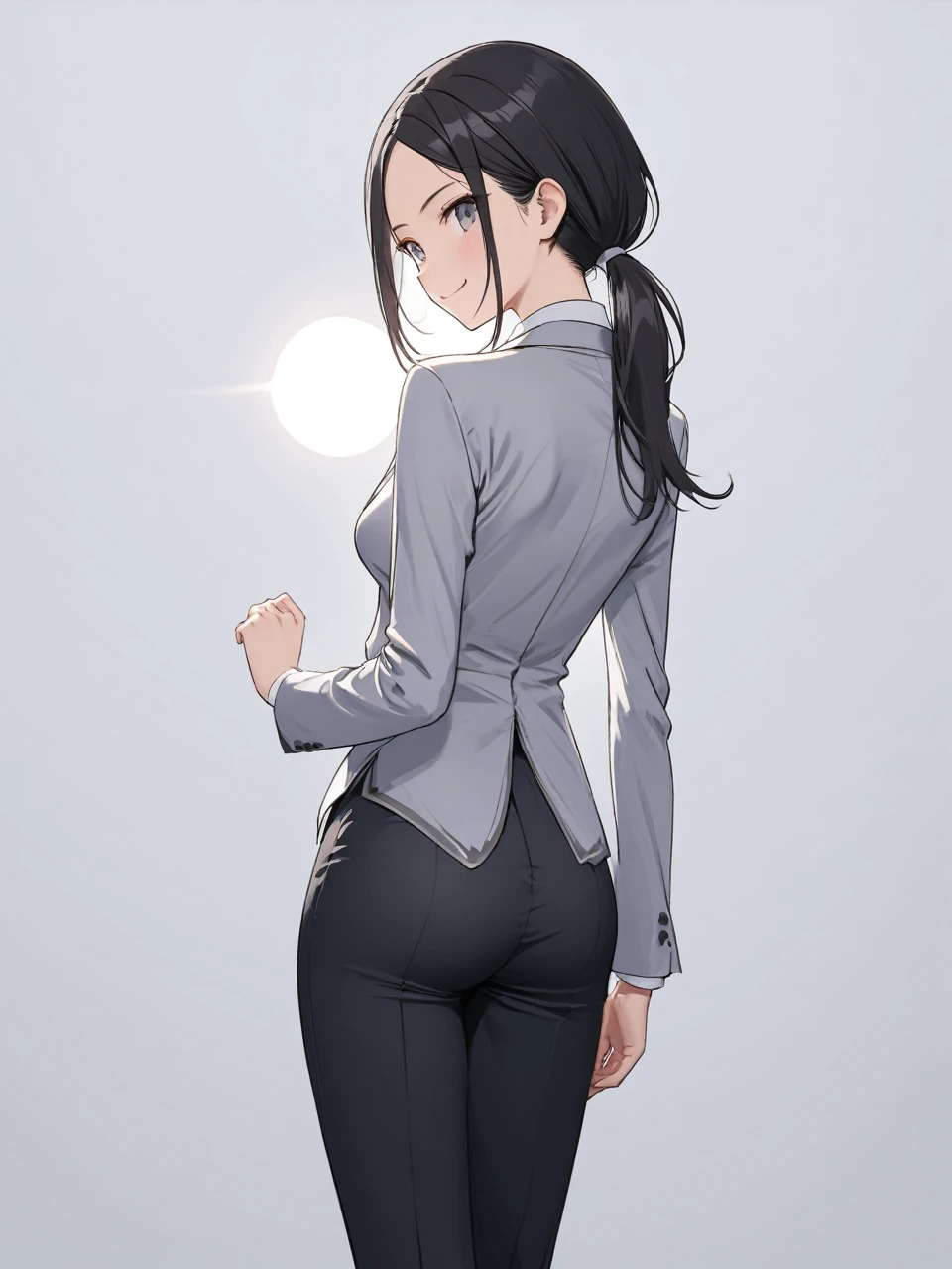 best quality, masterpiece, illustration, stoic, A 20-year-old gravure idol, a cute woman, with the highest level of sophistication, neatness, lightness, and femininity, ((detailed gray eyes)), pointy medium breasts, tall at 1.58meters, slender legs, black hair, parted bangs low ponytail, smile, closed mouth, glistening skin,  more detail XL, ((lighting forward:1.4)), {{{Black business pants suit:1.4}}}, extremely bright simple background, model pose, (from behind:1.4)), 