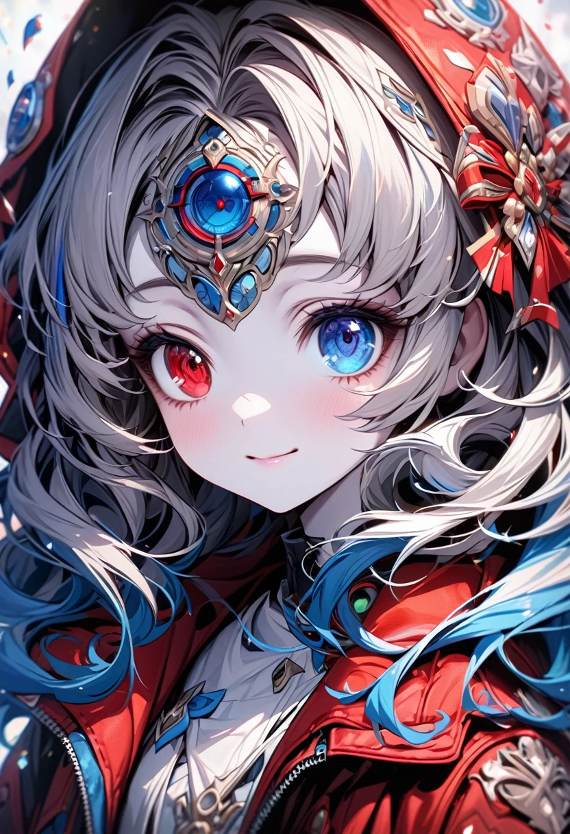 girl,alone, Heterochromia iridis,Red and blue eyes,Long Curly Hair,Two bangs,Pale skin, Looking at the audience,Mouth closed, A light smile, beautiful, Very detailed eyes, Close-up shot,Upper Body, Wearing a jacket, Truly amazing art, Very detailed, Highest quality digital art,