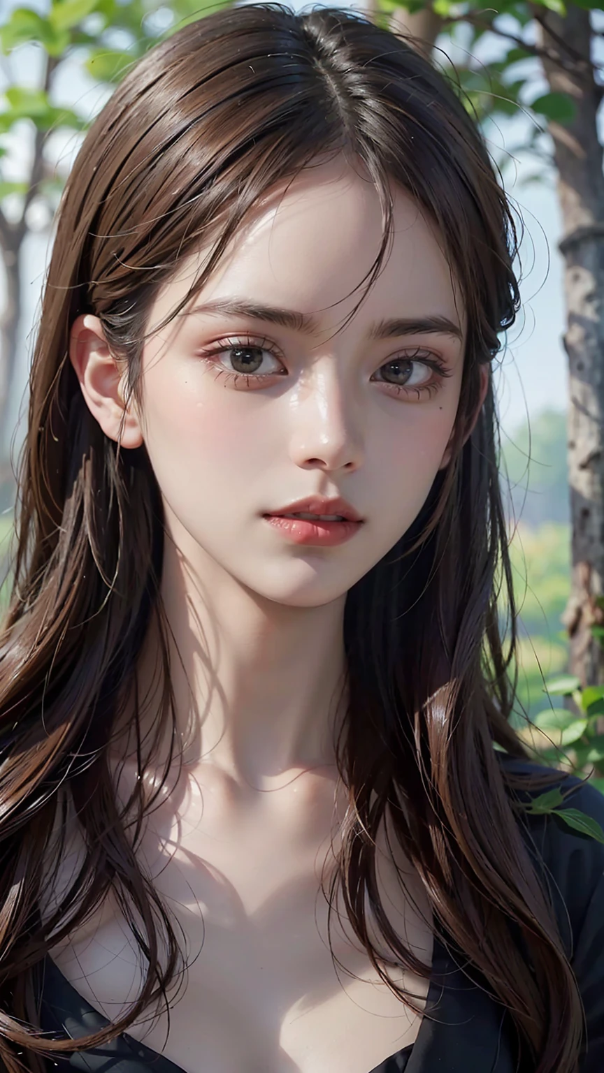 1girl, detailed portrait of a girl, beautiful detailed eyes, beautiful detailed lips, extremely detailed face, longeyelashes, brown hair, mystical forest, fantasy, intricate details, (best quality,4k,8k,highres,masterpiece:1.2),ultra-detailed,(realistic,photorealistic,photo-realistic:1.37),digital art, concept art, cinematic lighting, dramatic colors, vibrant colors, dramatic atmosphere