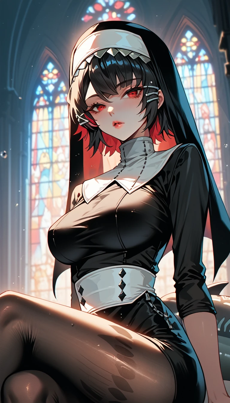 masterpiece，high resolution，Anime Art，Anime Numbers， 4k anime wallpaper，Radiant Skin，Looking at the camera，Solitary，An anime girl，Sitting，Lips up，Black short hair，Striped hair，Red eyes，Big breasts，Nun attire，Black pantyhose，Slender legs，Black shark tail，Colorful glass，church