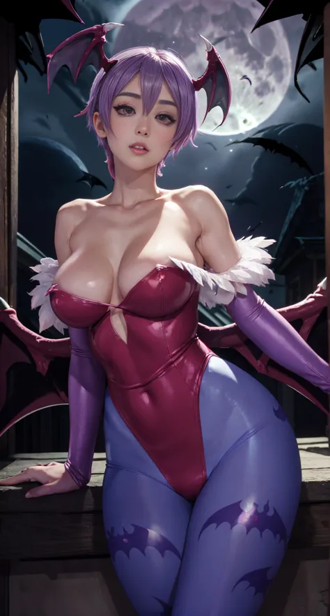 lilith for super thick breasts、purple hair、、8k, 4k, of the highest quality, high resolution: 1.2),flicker、an exposed breast、cute...