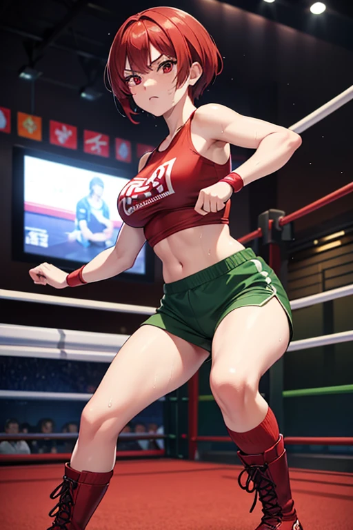 Anime Art、Full body portrait、Professional wrestling ring、A female martial artist, standing upright, about 165cm tall, around 30 years old, wearing a dark green T-shirt and dark green shorts、The hairstyle is a short cut、Red hair、almondeyes、Red Eyes、Angry expression、sports boots、My whole body is wet with sweat、red wristbands、Red knee pads、Freckles on the face、Diagonally below