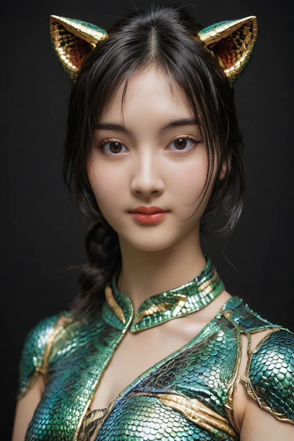 (high quality), (masterpiece), (detailed), 8K, Hyper-realistic illustration depicts (Japanese girl1.3) with (medium breast1.2) and (cat ears1.2) adorning her head, while her eyes transform into (snake eyes1.3). She wears attire covered in (snake scales1.3), blending human and reptilian features. In style of Hajime Sorayama, trending on Artstation. (alessi4, ac_neg1, detailxl, ffacedetailxl, ziprealism, fhanddetailxl, ziprealism_neg, eyedetailpxl, skindetailpxl)
