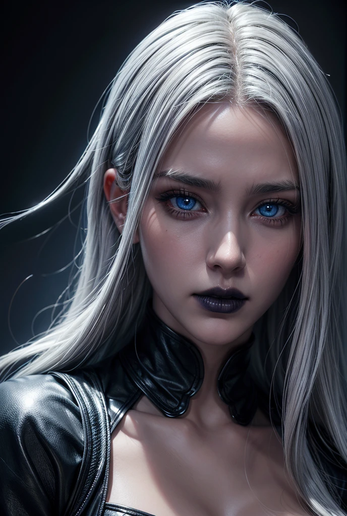 1girl, solo, long white hair, black lips, detailed face, piercing blue eyes, dramatic lighting, cinematic, highly detailed, photorealistic, 8k, ultra-detailed, masterpiece, digital painting, oil painting, fantasy art, dramatic lighting, moody colors, muted tones