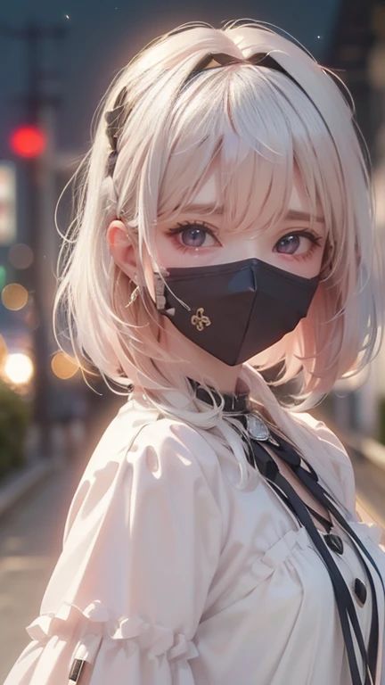 （8K，RAW photos， Best quality，Realistic images,
Long hair、((Extremely detailed),  (best quality), (Gothic_punk, 1 Girl, Solitary, Medium shot, Strolling through Harajuku, ((at night)), Bokeh, Neon lights, iridescent eyes, Starry Sky, White glitter hair, White eyebrow, Shiny hair, (Rainbow-colored white hair), earrings, Bangs, Jewelry, mask, blunt Bangs, Green Eyes, mouth mask, Vague background, Vague, Hair accessories, Looking at the audience, short hair, portrait, Side lock