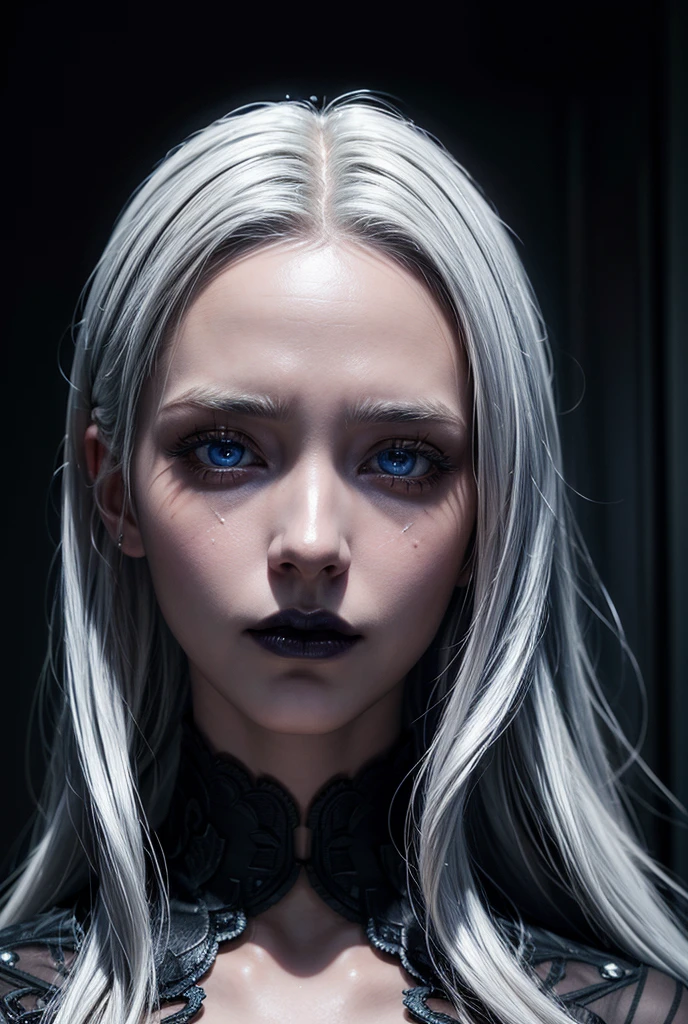 1girl, solo, long white hair, black lips, detailed face, piercing blue eyes, dramatic lighting, cinematic, highly detailed, photorealistic, 8k, ultra-detailed, masterpiece, digital painting, oil painting, fantasy art, dramatic lighting, moody colors, muted tones