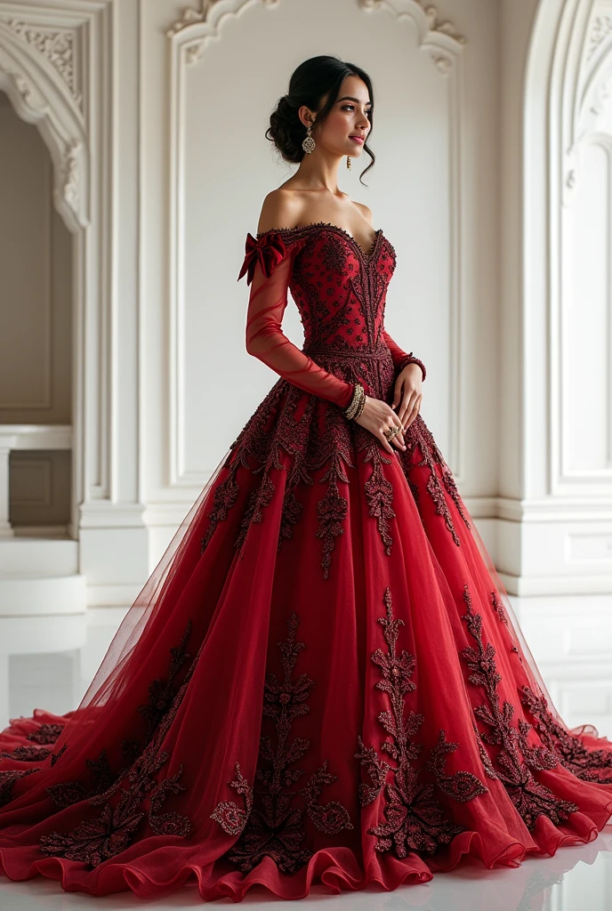 Create an image of beautiful  indian bride  in beautiful burn red color shimmering western style shoulder cut ball gown with black embroidery work, long sleeves, off-the-shoulder cut, lace, and beads,Floral and lacy, like a perfect and magical fairytale,Cute and playful long straps turn into a cheeky set of bows around the shoulders of bride,  wearing high heels bridal shoe, bridal style hair, smiling,standing in a beautiful white marriage hall