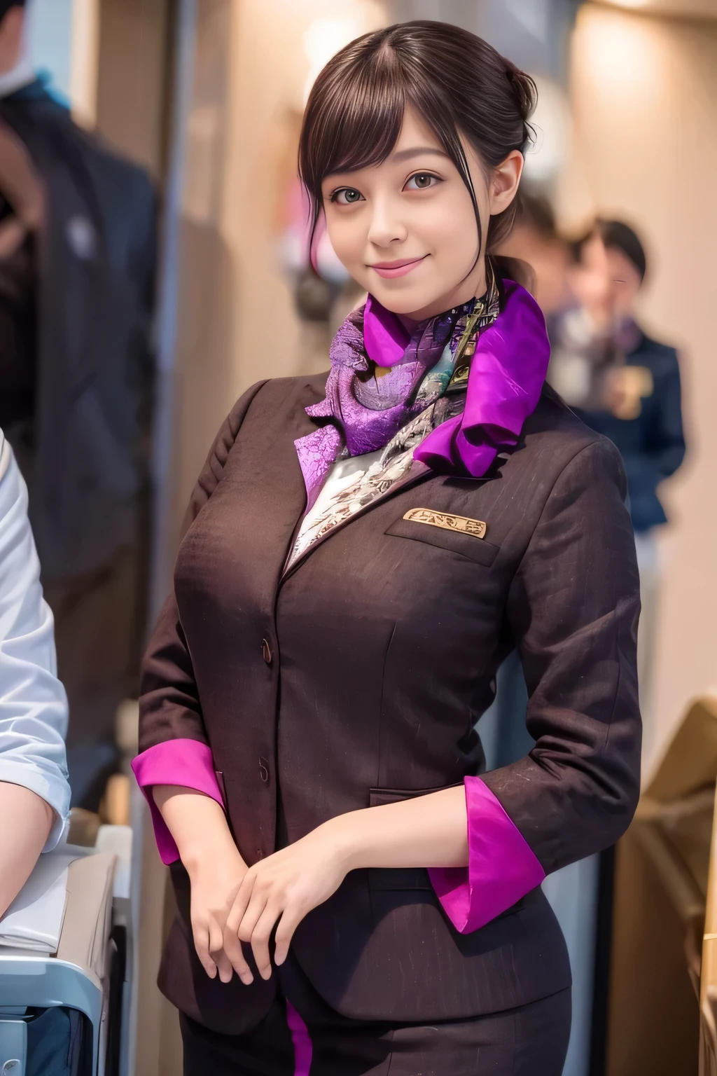 (masterpiece:1.2、Highest quality:1.2)、32k HDR、High resolution、(alone、1 girl、Slim figure)、（Realistic reproduction of Etihad Airways flight attendant uniforms）、 (At the airport counter, Professional Lighting)、A proper woman, Beautiful Face,、（Etihad Airways flight attendant long sleeve uniform）、（Etihad Airways flight attendant uniforms、Skirt with purple stripes on the front）、（a scarf around the neck）、Big Breasts、（Long Hair、Hair Bun）、Dark brown hair、Long Shot、（（Great hands：2.0））、（（Harmonious body proportions：1.5））、（（Normal limbs：2.0））、（（normal finger：2.0））、（（Delicate eyes：2.0））、（（Normal eyes：2.0））)、Beautiful standing posture、smile
