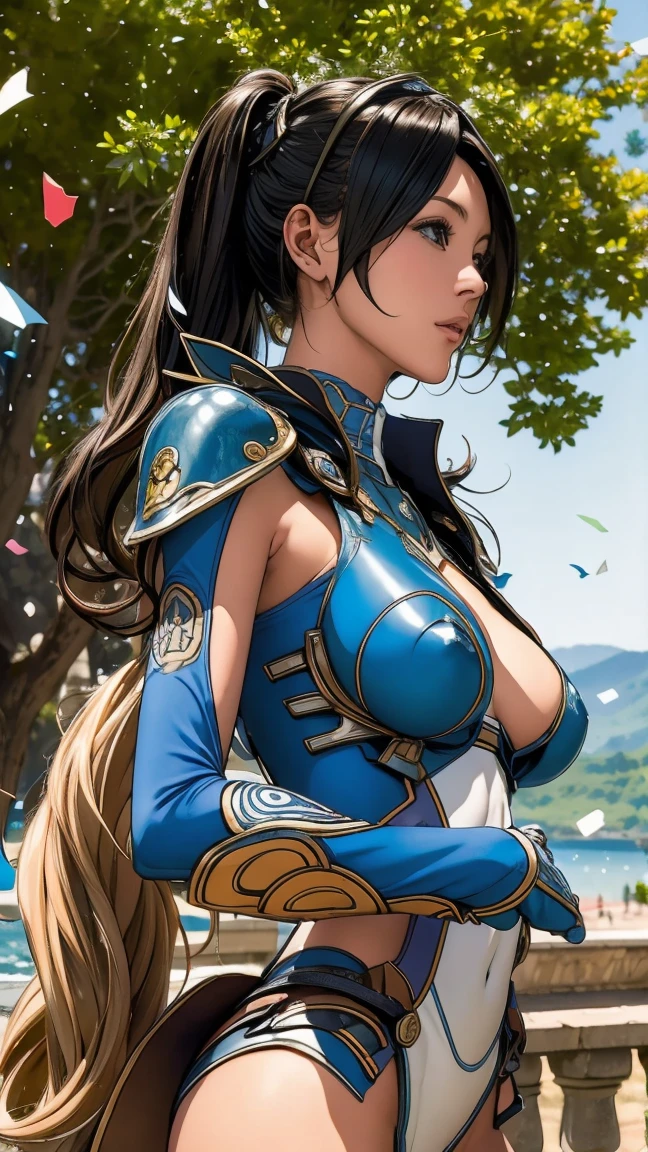 Highest quality, Official Art, masterpiece, Fabric Shading, High resolution, Very detailed, colorful, Best details, Fantasy, Combat Uniform,1 female, Lakeside with an old castle view,Long Hair, Black Hair、Twin tails, Large Breasts, skinny,Surrounded by many people:1.9、Confetti falling、Blessed、Camel Toe:1.3,