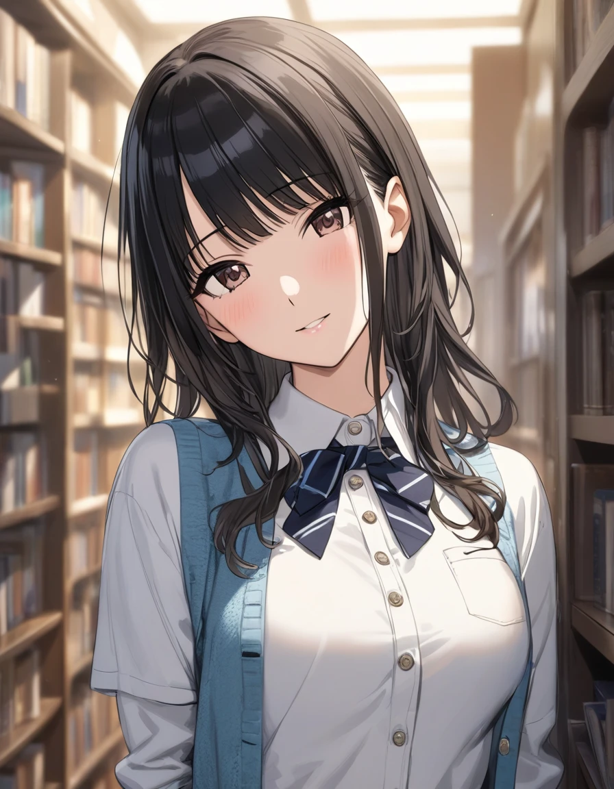 (masterpiece),(Highest quality),(Very detailed),(Best illustrations),(Best Shadow),(disorganized),(Detailed Background),(so beautiful), 
Official Style,
(hiori kazano:1.5), ponytail, black hair, black eyes,
(The Idolmaster Shiny Colors:1.2),
school uniform,
(There is a mole under the lip:1.2),
alone,
Library,
Background Blur, 
(realistic skin:0.2)
focus on face,
Close-up, 