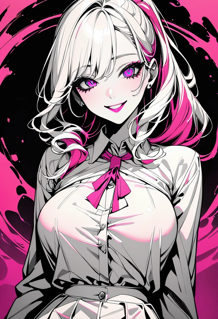 (highest quality:1.2, Very detailed, Latest, Vibrant, Super detailed, High Contrast, masterpiece:1.2, highest quality, Best aesthetics, aesthetic: 1.2), woman, Pink Long Hair, Beautiful breasts, , (Pink detailed eyes, Beautiful Eyes), smile, Light background ,  (Pop Art), colorful,Pink long ponytail , modern outfit, magic