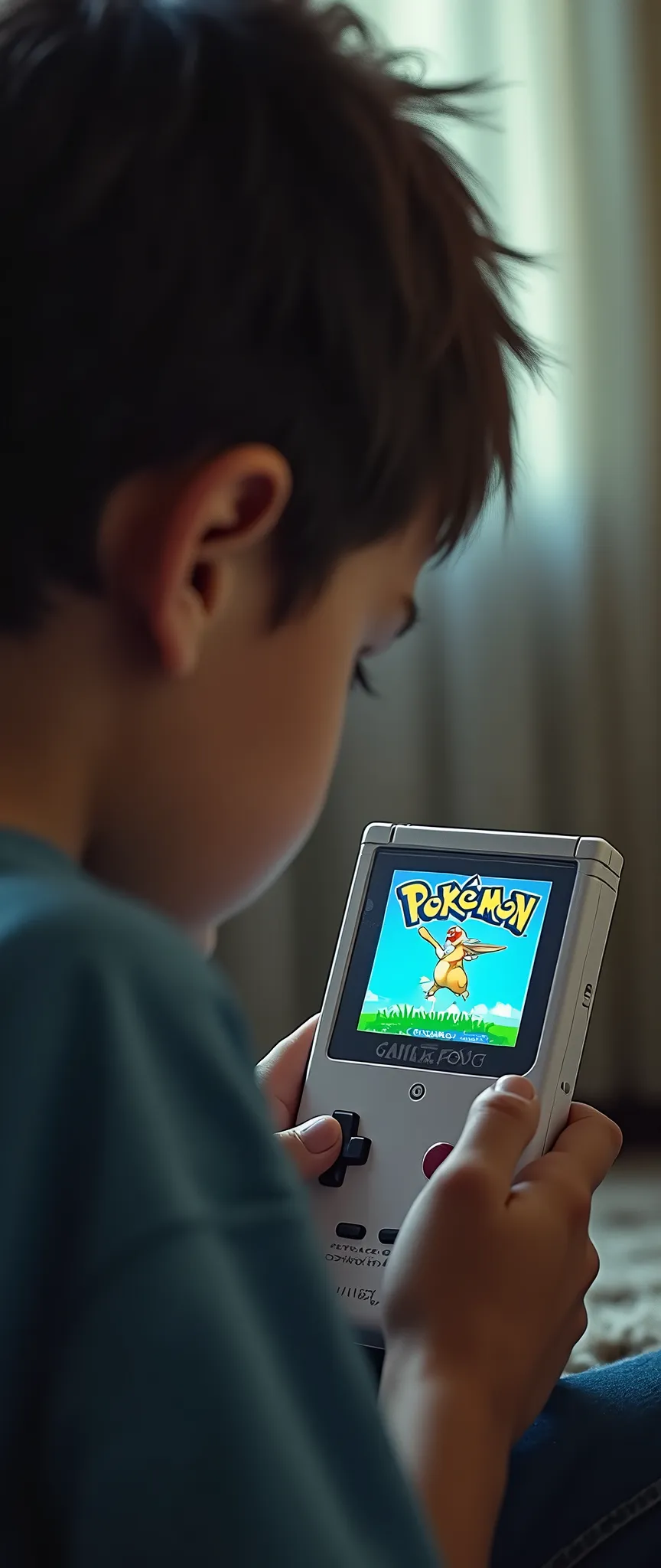 Very realistic photo of a boy playing a Game Boy\(Nintendo,screen is monotone\) playing Pokemon\( screen is monotone, opening screen is playing,pixel screen\), dynamic camera angle, close-up of Game Boy