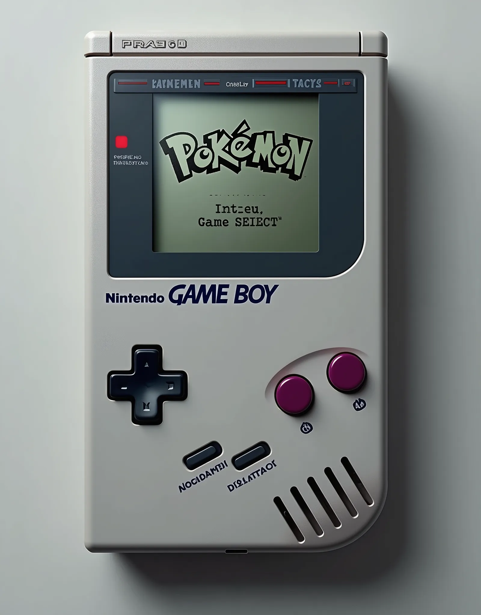 Very realistic photo of a Game Boy\(Nintendo\) playing Pokemon\(monotone, opening screen is playing\)