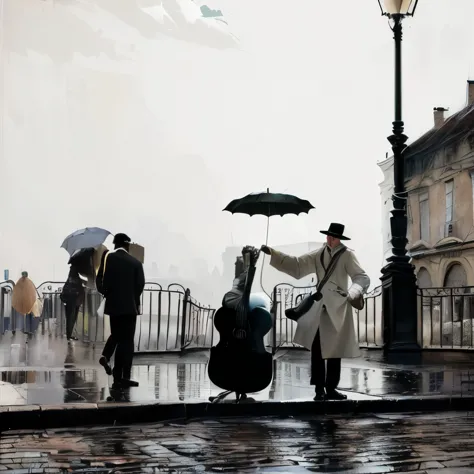 there is a man holding an umbrella and a guitar on the street, by istván réti, by istván árkossy, by istván csók, by kurt seligm...