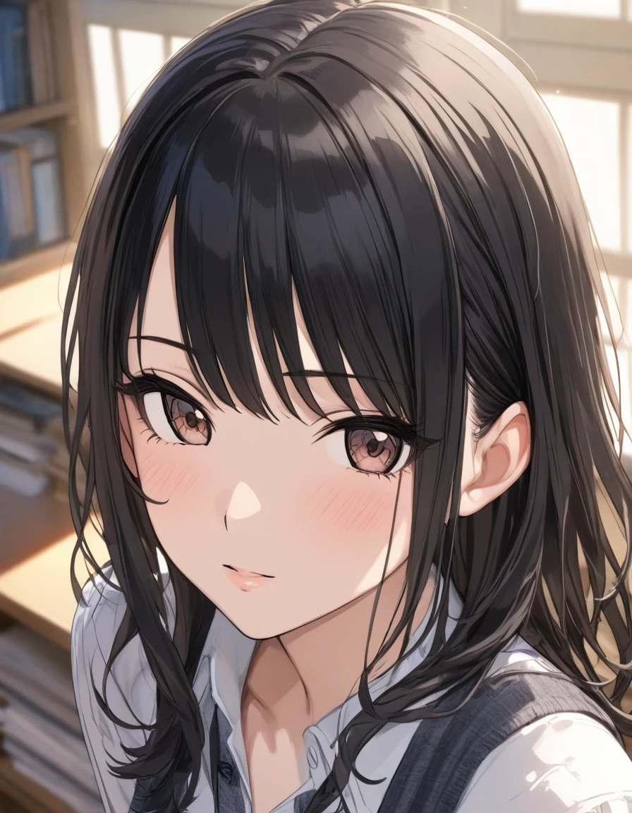 (masterpiece),(Highest quality),(Very detailed),(Best illustrations),(Best Shadow),(disorganized),(Detailed Background),(so beautiful), 
Official Style,
(hiori kazano:1.5), ponytail, black hair, black eyes,
(The Idolmaster Shiny Colors:1.2),
school uniform,
(There is a mole under the lip:1.2),
alone,
Library,
Background Blur, 
(realistic skin:0.2)
focus on face,
Close-up, 