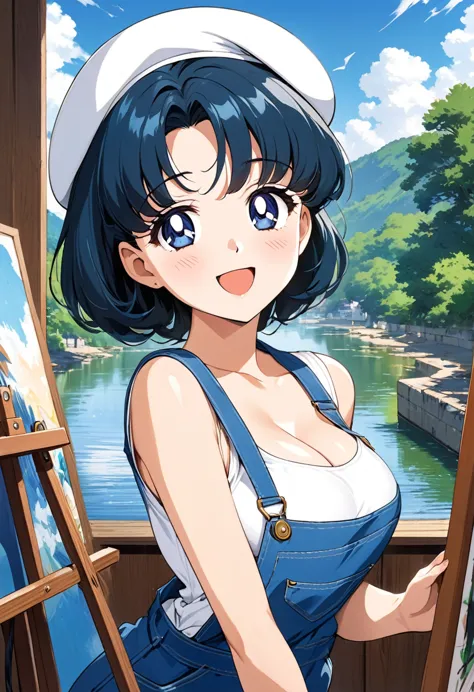 masterpiece, highest quality, high resolution, (mizuno ami),1990s \(style\),painter, height: 160cm, blue hair,short hair、white b...