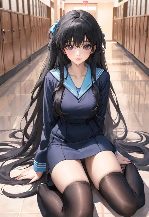 one girl， sexy，uniform、take a full body photo、hair is too long、hair down to the feet, black hair, school, genuine, hair on the g...