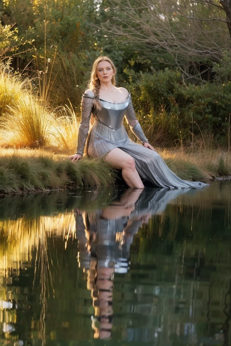 (((realistic:1.2))), Galadriel, ((RAW photo:1.2)), ((masterpiece:1.2, best quality:1.2)), highres, 8k, amazing, (photo-realistic:1.4), naturalness, ultra detailed, (best shadow), (exquisitely detailed real skin texture, Detailed shiny skin), (perfect anatomy:1.7), (cinematic lighting), glowing eyes, glowing lips, BREAK ((female warrior), large breast, long braid hair, long armor dress), winter, (Celestial luminescent lake, glowing water,ethereal reflections), deep dark, deep night, unstable atmospheric, (action motion), , 