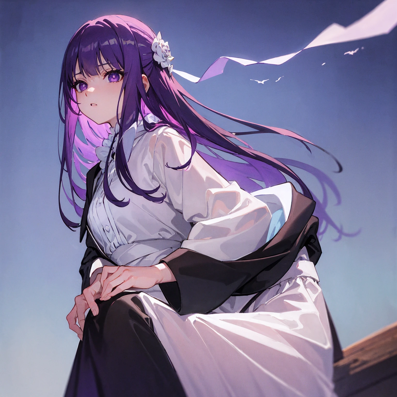 ((masterpiece，Highest quality)), Funeral Frielen, far, One girl, Purple Hair, solo, Very fine eye, Long Hair, Side Lock, Purple eyes, hair ornaments, Lower the hood, White shirt, Black jacket, Open your clothes, Centerpieces, Blue sky and white clouds, Ink painting style