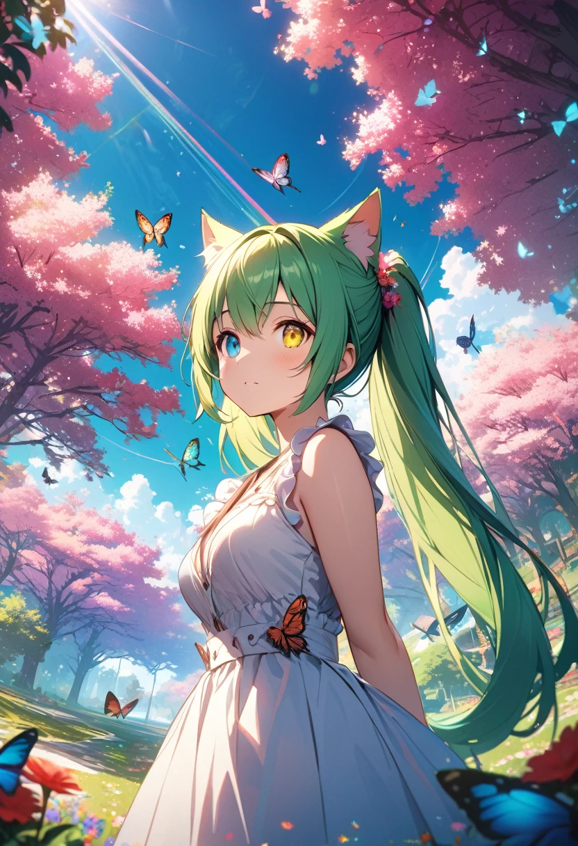 masterpiece, cat girl with green hair, heterochromia of yellow right eye and green left eye, "practical ponytails", looking up at the sky), (Many butterflies flying in the sky), Beautiful sky, summer，Colorful flowers are blooming everywhere, Mysterious and dreamy ,Giant Tree，quality\(8K,CG wallpaper, masterpiece,High resolution,top-quality, Best quality,Very detailed,Light,Ray Tracing,Golden Ratio), drop shadow, anaglyph, stereogram, tachi-e, atmospheric perspective, reflection light, 8K, super detail, best quality, anatomically correct, close up