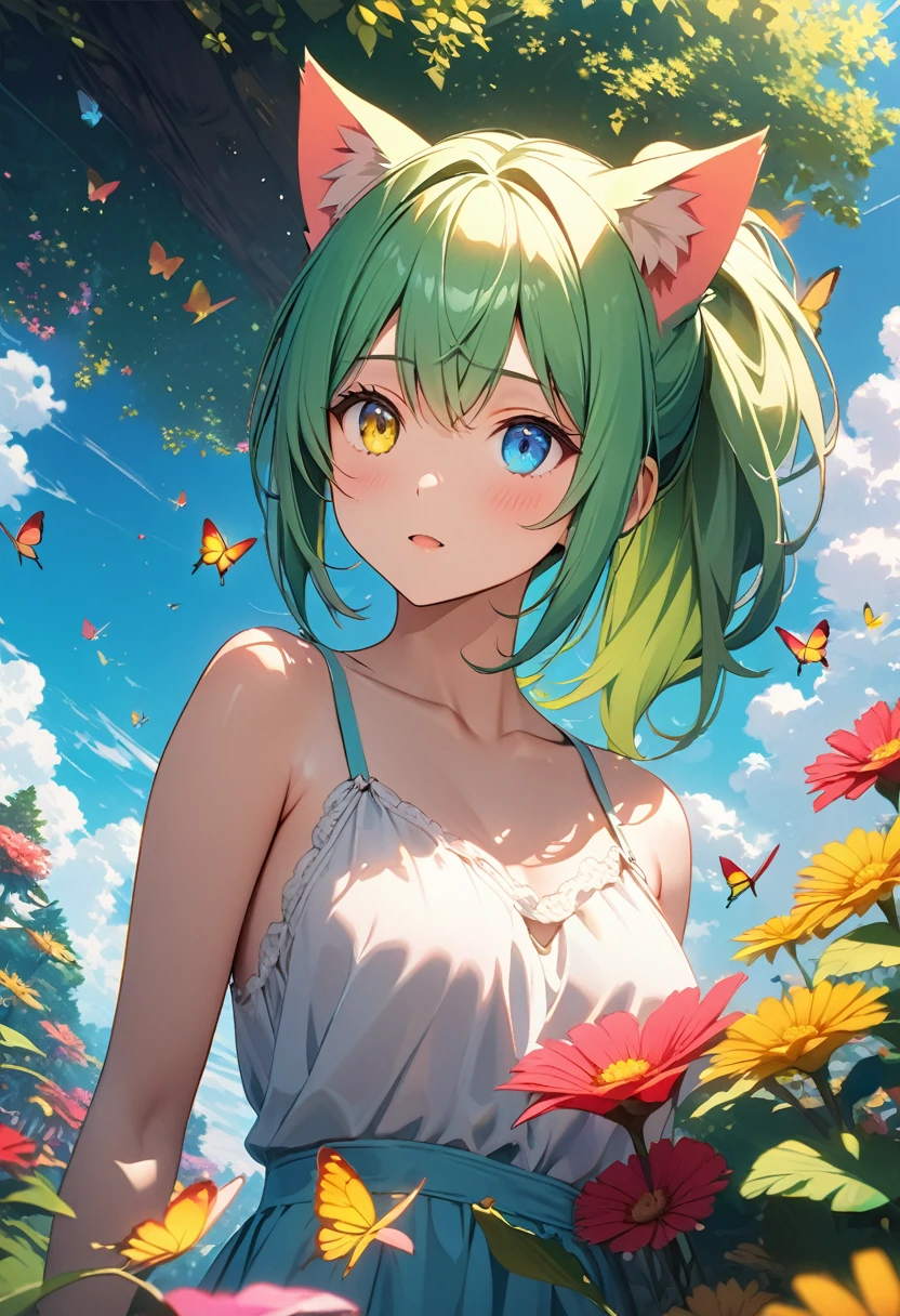 masterpiece, cat girl with green hair, heterochromia of yellow right eye and green left eye, single ponytail, looking up at the sky), (Many butterflies flying in the sky), Beautiful sky, summer，Colorful flowers are blooming everywhere, Mysterious and dreamy ,Giant Tree，quality\(8K,CG wallpaper, masterpiece,High resolution,top-quality, Best quality,Very detailed,Light,Ray Tracing,Golden Ratio), drop shadow, anaglyph, stereogram, tachi-e, atmospheric perspective, reflection light, 8K, super detail, best quality, anatomically correct, close up