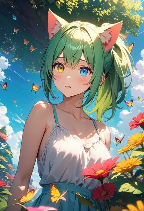 masterpiece, cat girl with green hair, heterochromia of yellow right eye and green left eye, single ponytail, looking up at the ...