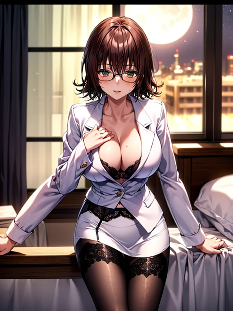 ((Highest quality)), ((masterpiece)), (detailed), woman,Age 20,private teacher,uniform,(White suit),(Open the front of your shirt),(mini skirt),Big Breasts,blush,Underbust,Glasses,(丸くて大きいGlasses),(Her cleavage is visible),(Excited expression),(Seduce),night,Health Room,bed,Dim lighting,(Dark Room),(moonlit room),(薄Dark Roomで),(In a messy room),Browsing Caution,sexy,dirty,Sweat,(Black garter belt),(Stick your butt out),(Place your hands on the table、Turn away),(lean forward to emphasize the chest),short hair