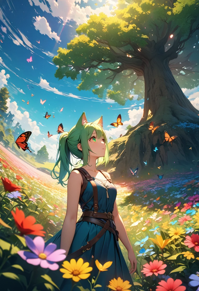 masterpiece, cat girl with green hair, heterochromia of {{{yellow right eye}}} and {{{green left eye}}}, single ponytail, looking up at the sky), (Many butterflies flying in the sky), Beautiful sky, summer，Colorful flowers are blooming everywhere, Mysterious and dreamy ,Giant Tree，quality\(8K,CG wallpaper, masterpiece,High resolution,top-quality, Best quality,Very detailed,Light,Ray Tracing,Golden Ratio), drop shadow, anaglyph, stereogram, tachi-e, atmospheric perspective, reflection light, 8K, super detail, best quality, anatomically correct, close up