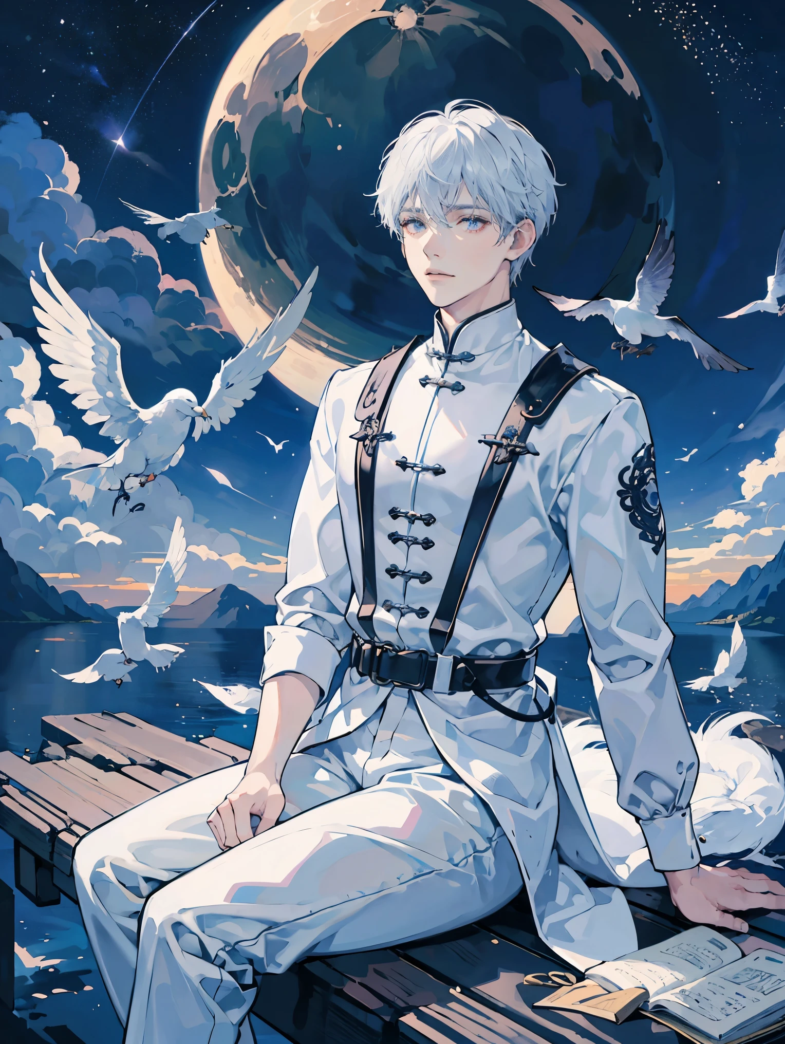 best quality, High resolution，male，white hair，short hair，aldult，trousers，Sitting on the moon，night，Late Night，Baiyun，Surrealism，Star，flock of birds，male焦點，Strong depth of field，Large aperture，Milky Way