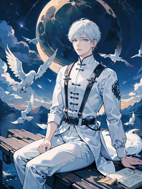 best quality, high resolution，male，white hair，short hair，aldult，trousers，sitting on the moon，night，late night，baiyun，surrealism，...