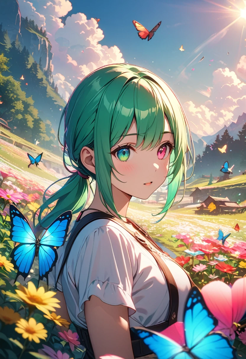 masterpiece, cat girl with green hair, heterochromia of {{{yellow right eye}}} and {{{green left eye}}}, single ponytail, looking up at the sky), (Many butterflies flying in the sky), Beautiful sky, summer，Colorful flowers are blooming everywhere, Mysterious and dreamy , quality\(8K,CG wallpaper, masterpiece,High resolution,top-quality, Best quality,Very detailed,Light,Ray Tracing,Golden Ratio), drop shadow, anaglyph, stereogram, tachi-e, atmospheric perspective, 8K, super detail, best quality, anatomically correct, close up