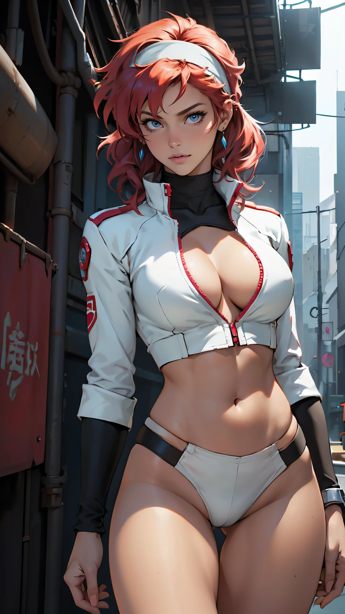 ((Masterpiece, highest quality; 1.3)), super quality, beautiful detail, super detailed, extra fine, 16K, exquisite, absurd, high resolution, beautiful background, detailed background, beautiful eyes, beautiful skin, anime style, Kay from Dirty Pair in a white outfit, tight outfit, cleavage, bushy redhead beauty, very light blue uniform, wearing tight clothes, skimpy, (mid chest: 1.2), cleavage, cleavage, slim waist , thin waist, slim thighs, thin legs, slim legs. thigh gap, showing stomach, skinny, thin hips, cyberpunk city background, holding retro space gun , headband, 