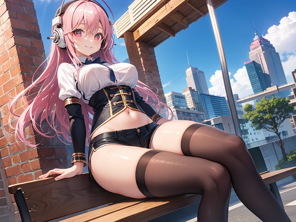 A beautiful anime girl, very beautiful face, happy face, happy smile , very long hair, pink hair, headphones, Red eyes, happy face, heart-shaped pupils, super sonic, very detailed eyes, sitting outside a school,view from below, beautiful body, medium breasts, medium thighs, diaphragm, cropped blouse, shows the navel,Shorts, thigh high socks, beautiful female body, body 1:3 ,hands behind head,  a school, sitting on a bench, maximum quality, Perfect anatomy, masterpiece, HD, well detailed 
