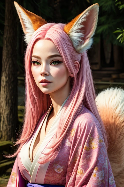 ((Highest quality)), ((masterpiece)), (detailed),Pink-haired woman with fox ears wearing a kimono