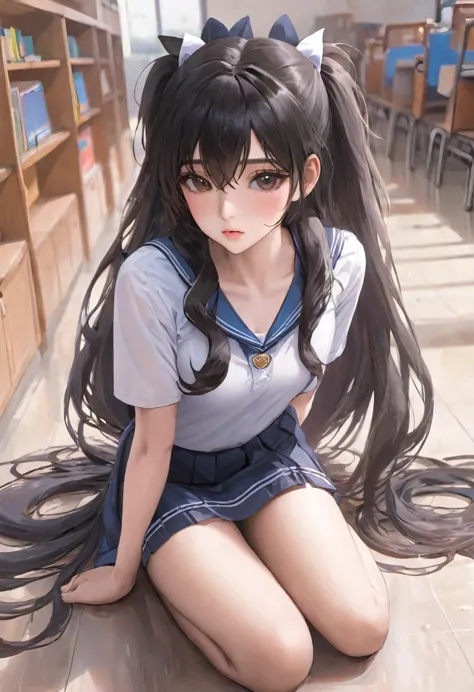 one girl， sexy，uniform、take a full body photo、hair is too long、hair down to the feet, black hair, school, genuine, hair on the g...